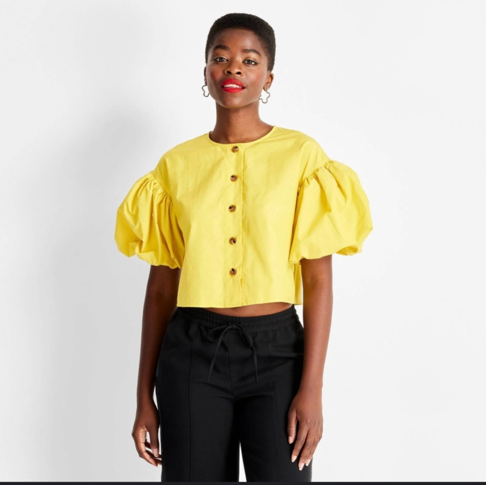 NWOT Future Collective Chartreuse Puff Sleeve Blouse XS - Picture 2 of 9